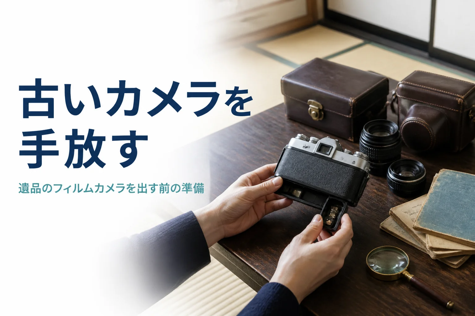 古いフィルムカメラと革ケース、レンズを座卓に並べ、電池室を確かめて買取の準備をしている様子