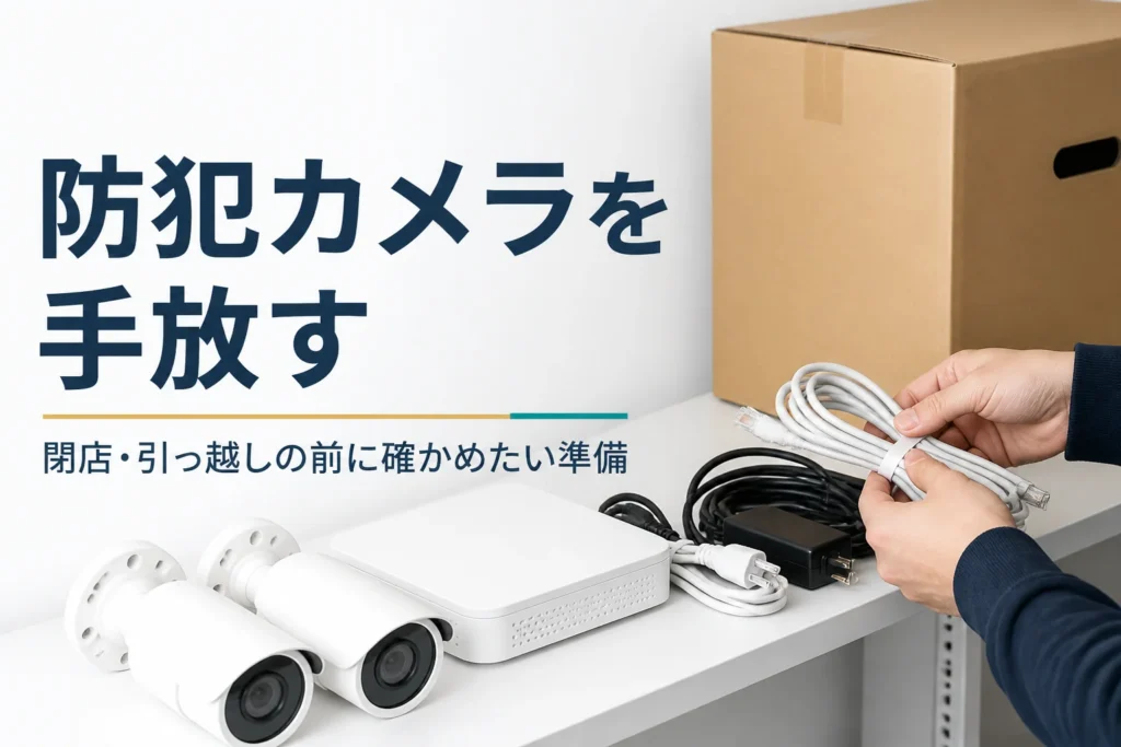 取り外した防犯カメラと録画機、ケーブルをまとめて手放す準備をしている様子