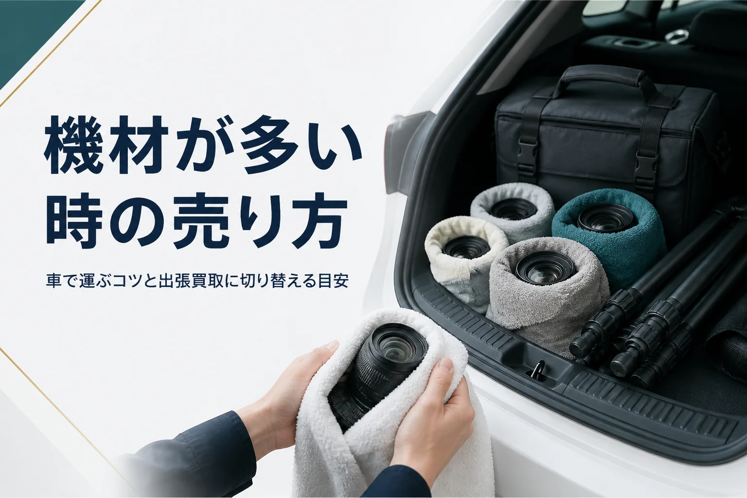 交換レンズやカメラバッグを車のトランクに積んで、買取に持ち込む準備をしている様子