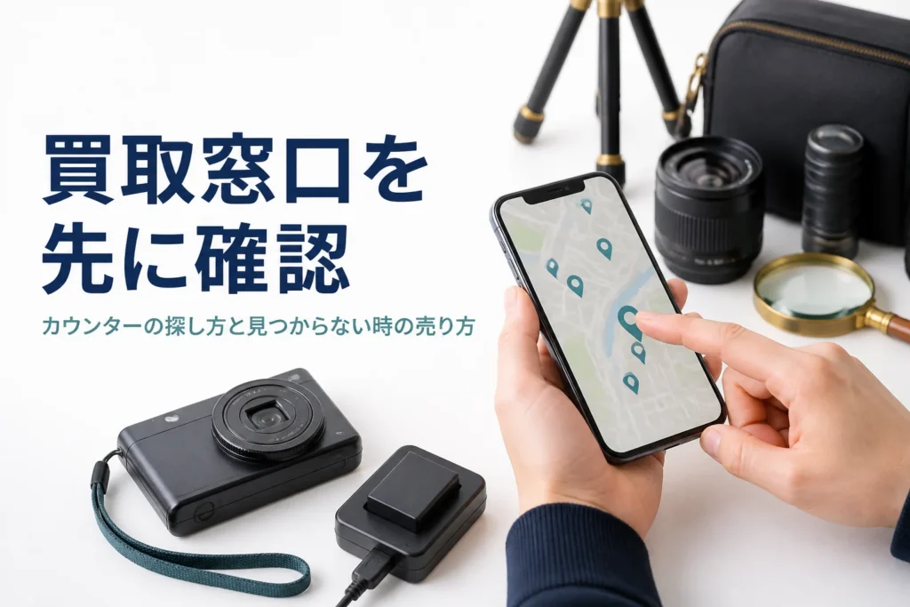コンパクトデジカメを手元に置き、スマホで買取窓口のある店舗を調べている様子
