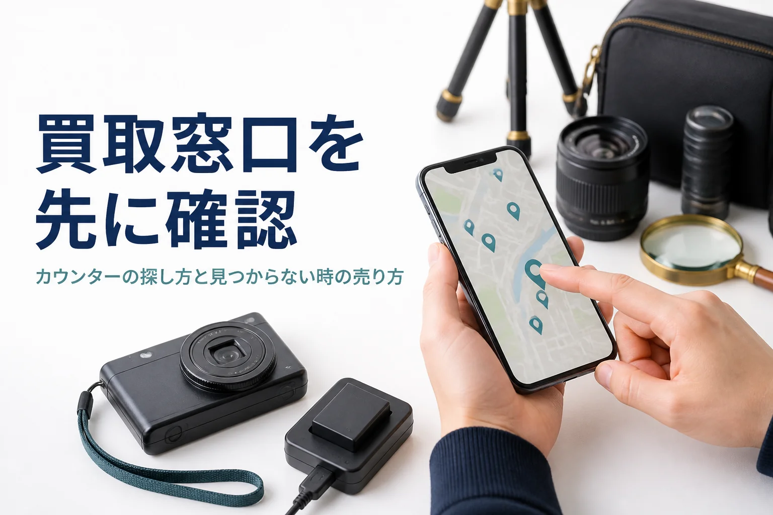 コンパクトデジカメを手元に置き、スマホで買取窓口のある店舗を調べている様子