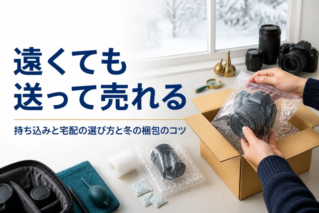 雪の見える部屋でカメラを袋に入れ、段ボール箱に梱包している様子
