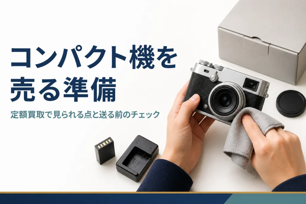 シルバーのコンパクトデジタルカメラと付属品をそろえて買取の準備をしている様子