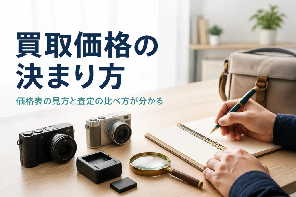 コンパクトデジカメの型番や状態をメモしながら買取価格を調べている様子