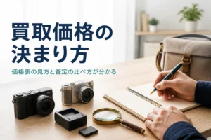 コンパクトデジカメの型番や状態をメモしながら買取価格を調べている様子