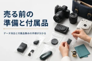 デジカメと付属品を種類ごとに袋にまとめて買取の準備をしている様子