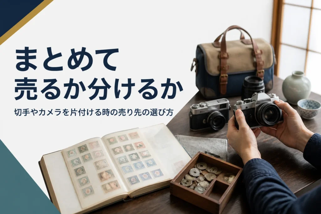切手のアルバムや古いフィルムカメラ、古銭を座卓に並べて売り先を考えている様子