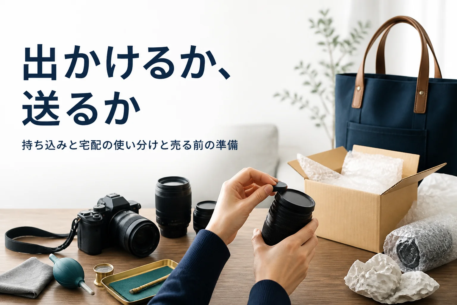 自宅のリビングで一眼レフとレンズを前に、持ち込むか宅配で送るかを準備している様子