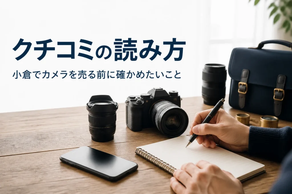 一眼レフと交換レンズの横で、売る前に確かめることをメモしている様子