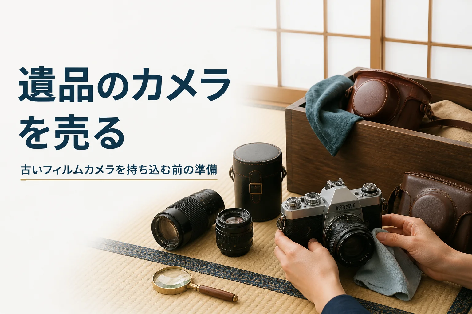 木箱から出てきた古いフィルムカメラと革ケースを手に取り、売る前に確かめている様子