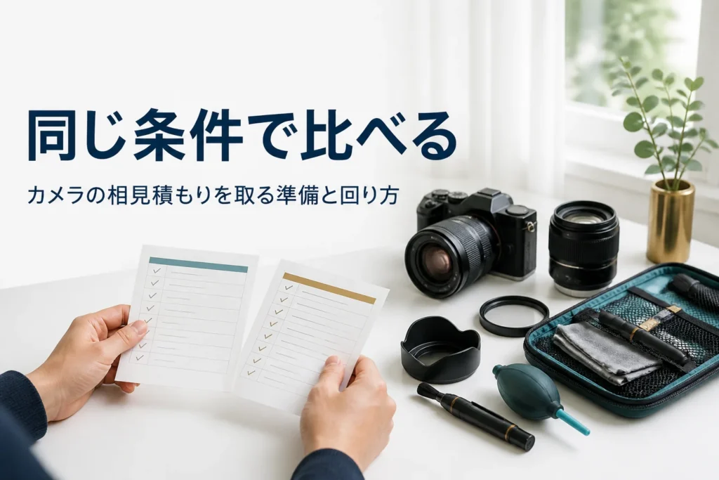 ミラーレスと交換レンズの横で、2枚の査定メモを見比べている様子