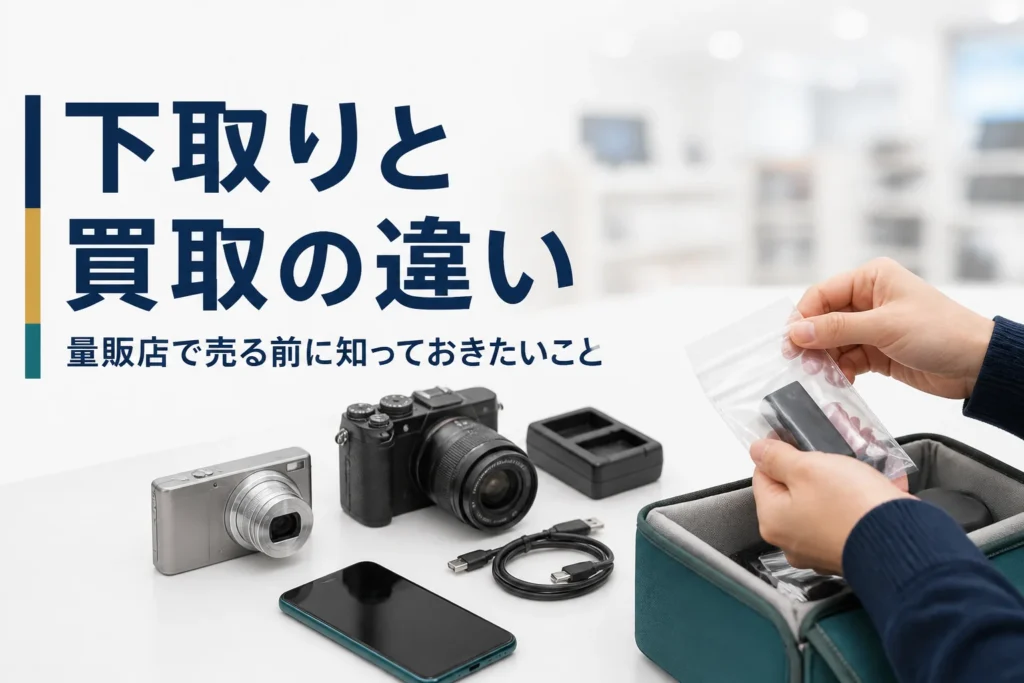 コンパクトデジカメとミラーレスの付属品をまとめ、売る準備をしている様子