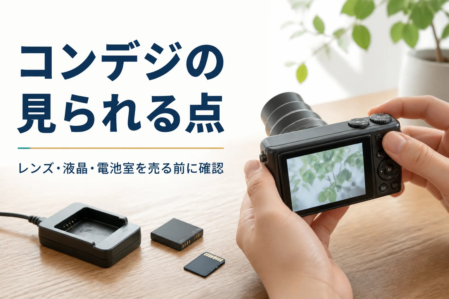 コンパクトデジカメのレンズと液晶を、売る前に手元で確かめている様子
