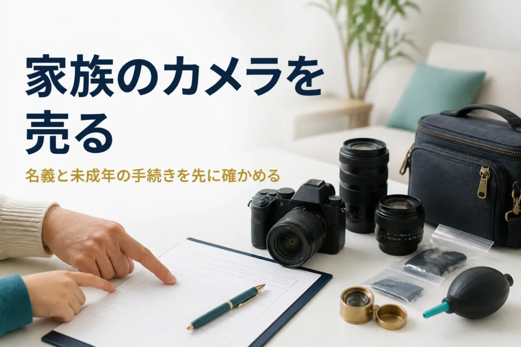 家族でカメラと書類を前に、売る前の手続きを確かめている様子