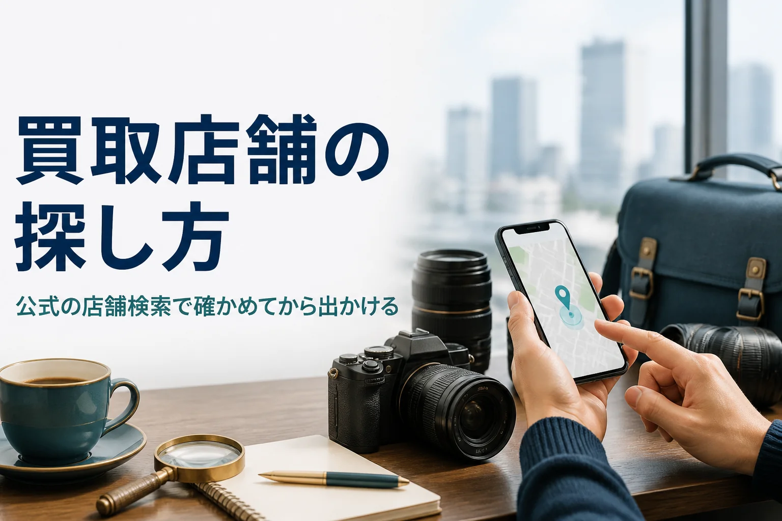 一眼レフの横でスマートフォンを使い、買取の店舗を探している様子