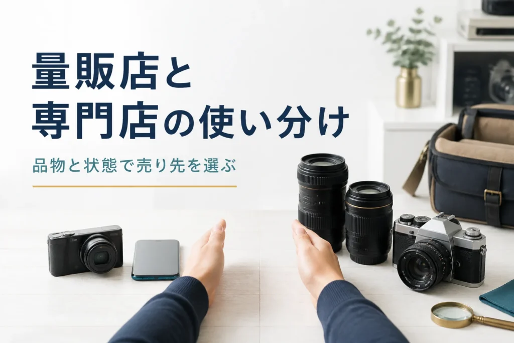 デジカメとスマホ、交換レンズとフィルムカメラを売り先ごとに仕分けている様子