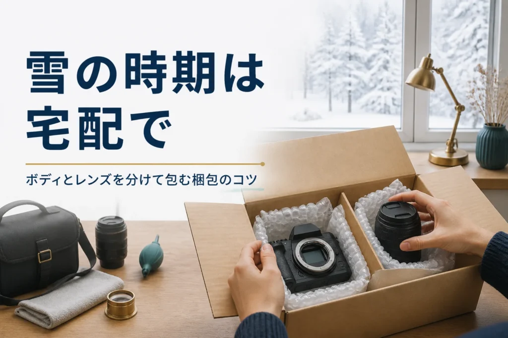 雪の見える部屋で、カメラのボディとレンズを別々に包んで箱に詰めている様子