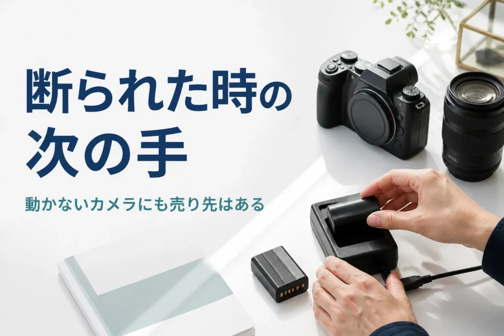 一眼レフのバッテリーを充電し、売る前に電源が入るか確かめようとしている様子