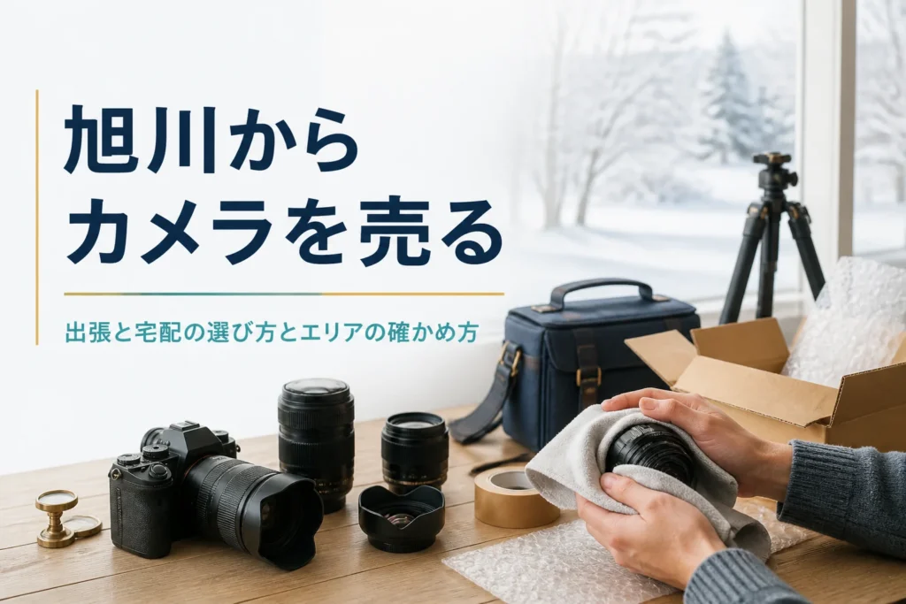 雪の見える窓辺で一眼レフと交換レンズを梱包キットの横に並べ、売る準備をしている様子