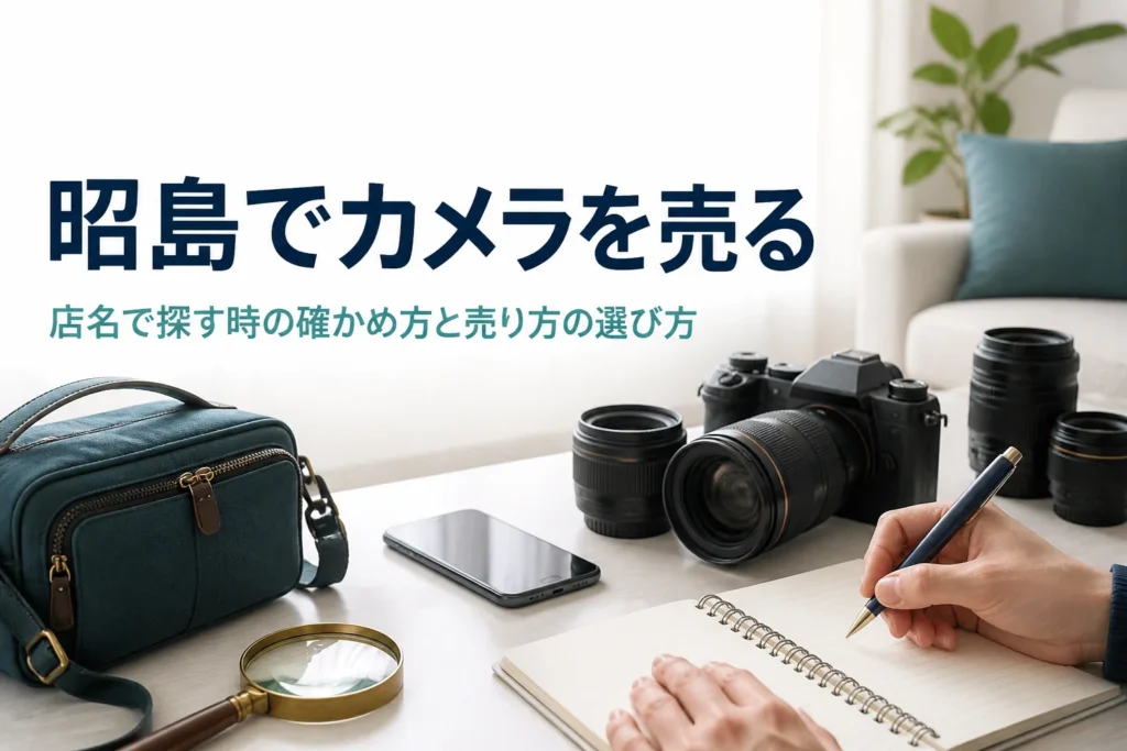 ミラーレスと交換レンズの横で、売り先を比べるためにメモを書いている手元