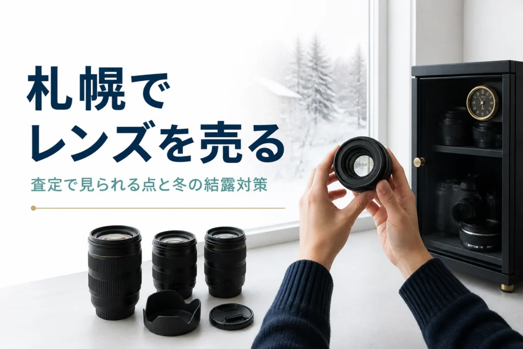 雪の見える窓辺で交換レンズを光にかざし、カビやクモリがないか確かめている手元