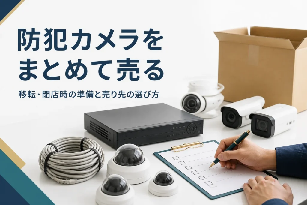 移転前のオフィスで防犯カメラと録画機を並べ、手放す物の一覧を書いている手元
