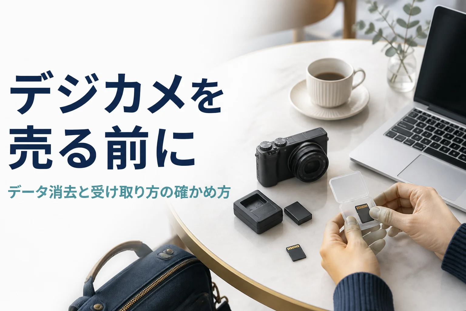 コンパクトデジカメからメモリーカードを抜き、ノートパソコンに写真を移して売る準備をしている手元