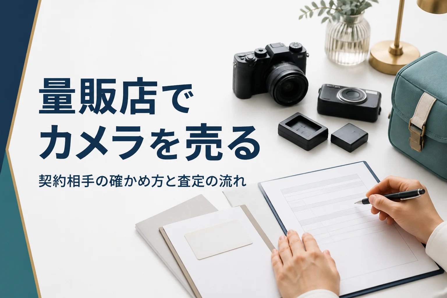 買取カウンターでカメラと付属品を出し、申込書に記入している手元