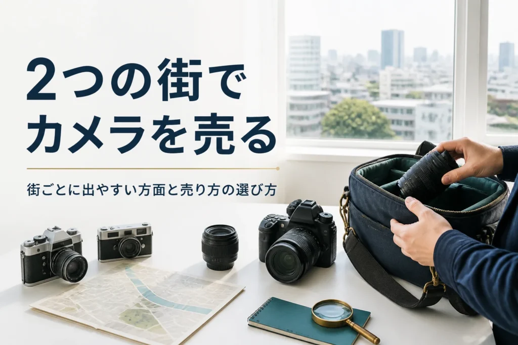 街並みの見える部屋で一眼レフと交換レンズをカメラバッグにしまい、売りに出かける準備をしている手元
