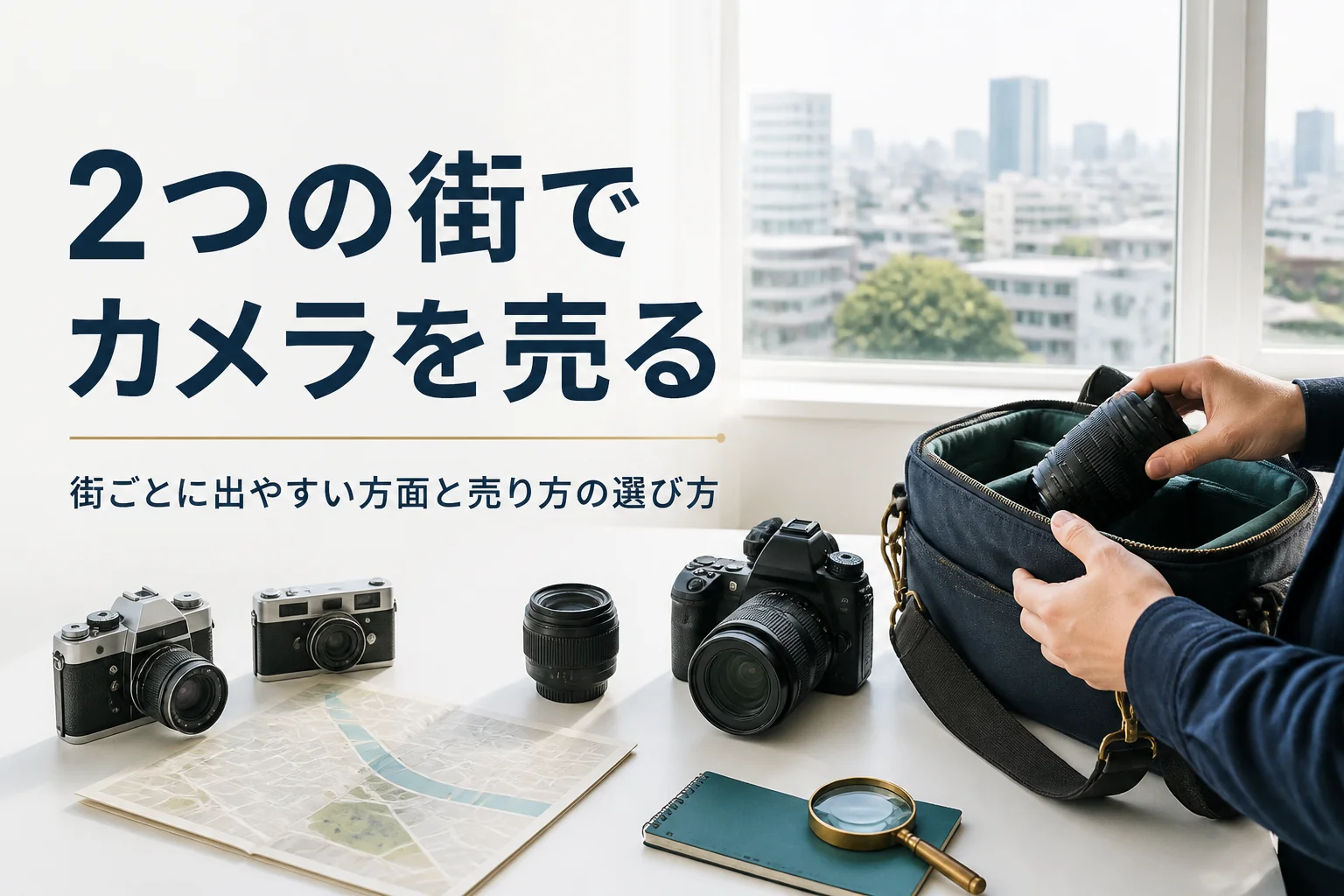 街並みの見える部屋で一眼レフと交換レンズをカメラバッグにしまい、売りに出かける準備をしている手元