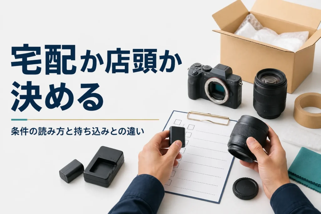 ミラーレスと付属品をチェック表と見比べ、宅配で送るか店頭に持ち込むか考えている手元