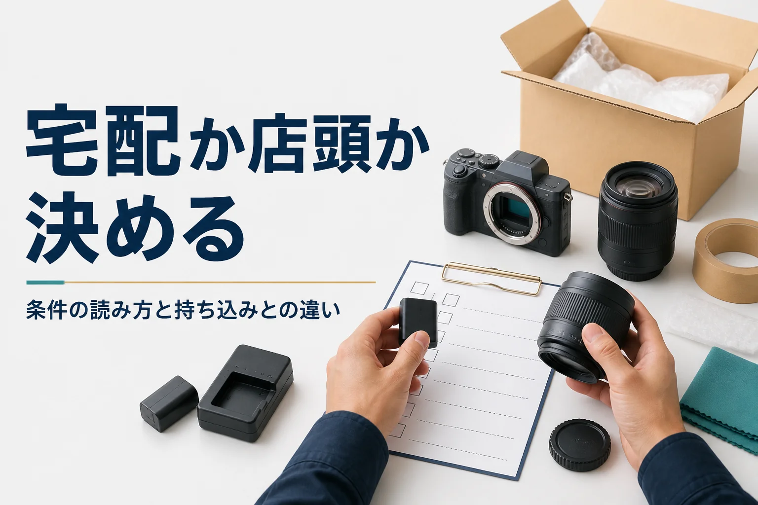 ミラーレスと付属品をチェック表と見比べ、宅配で送るか店頭に持ち込むか考えている手元