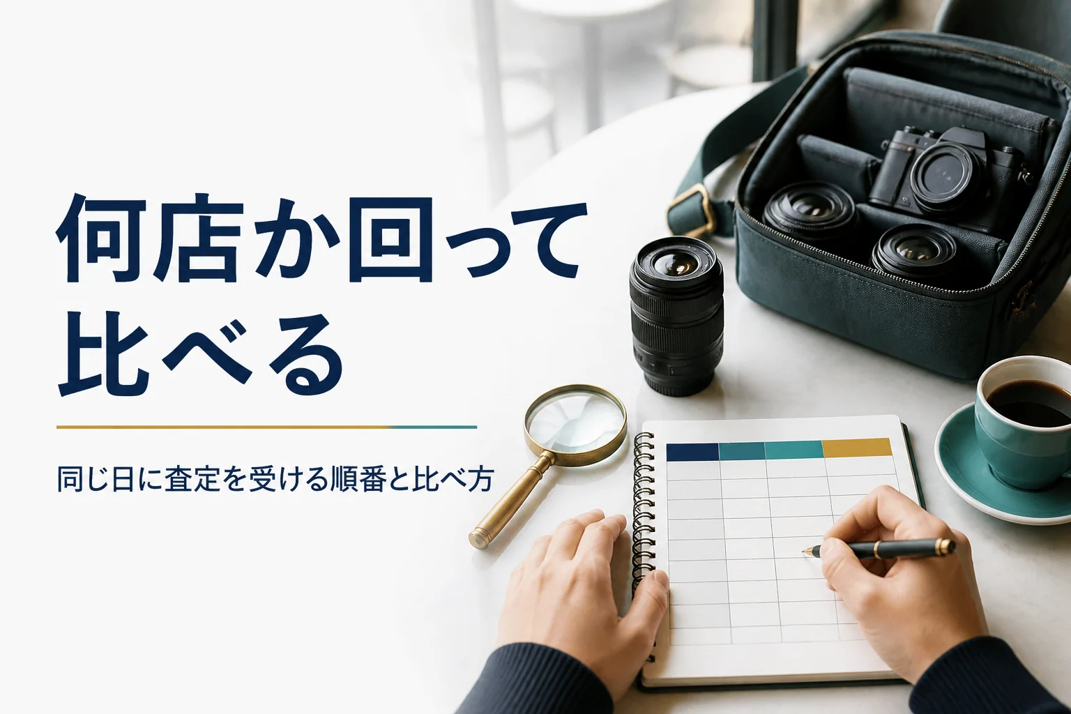 カメラバッグの横で、何店かで受けた査定の結果をメモの表にまとめている手元