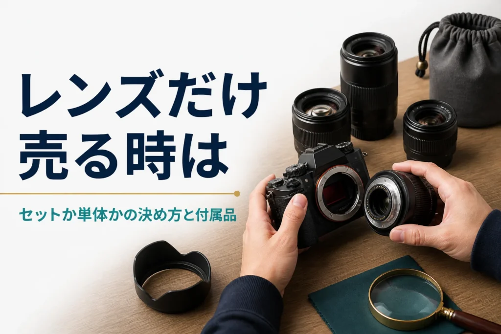 ミラーレスのボディから交換レンズを外し、売るレンズと付属品を分けている手元
