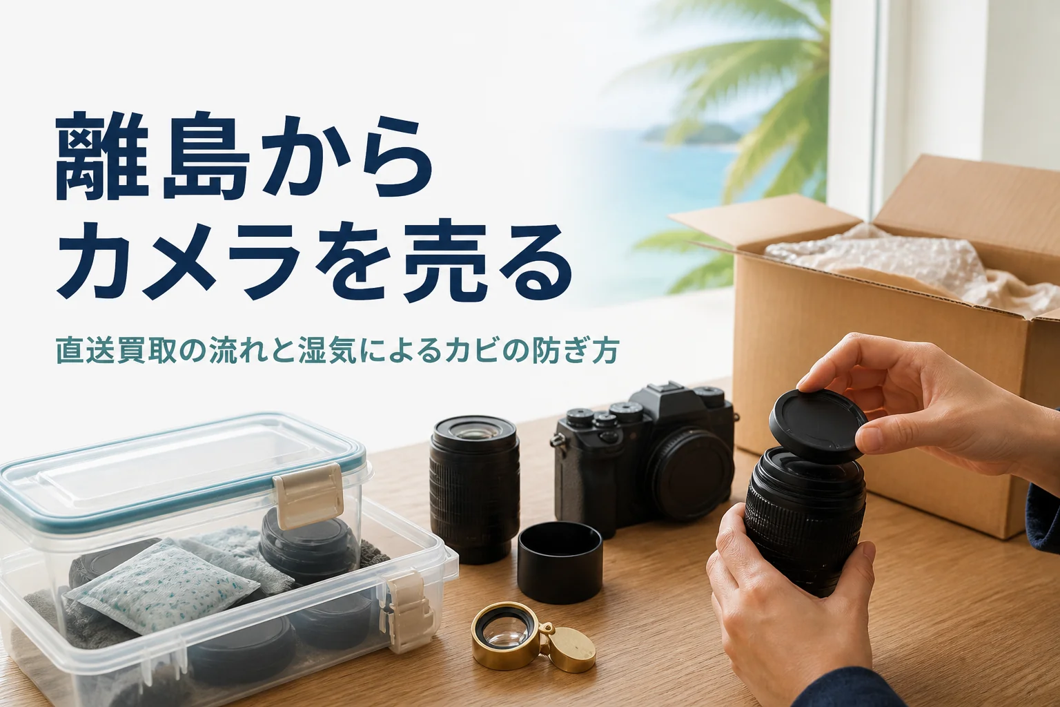 ミラーレスと交換レンズを乾燥剤入りのケースと段ボール箱の横に並べ、送る準備をしている様子