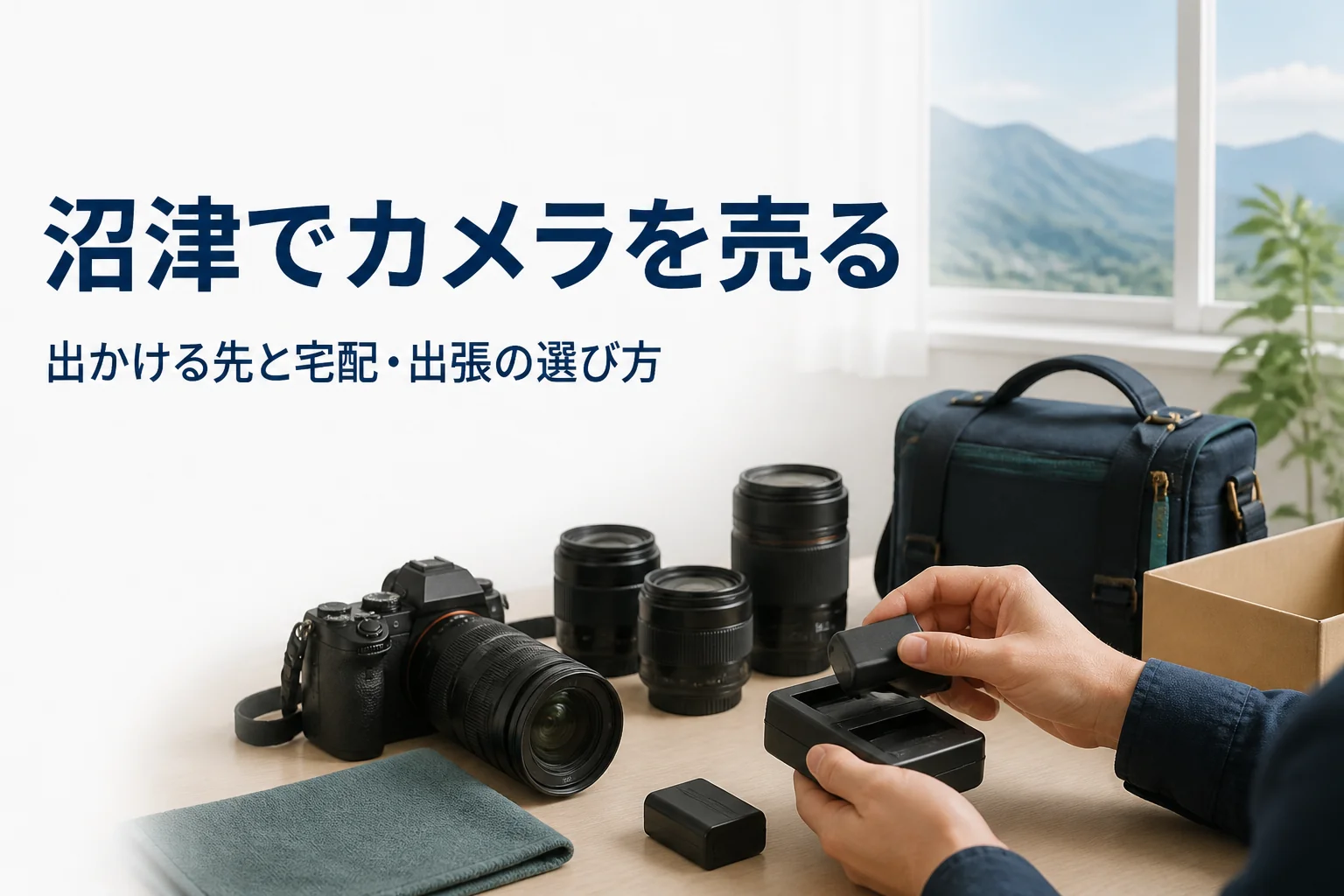 一眼レフと交換レンズをカメラバッグと段ボール箱の横に置き、売りに出す準備をしている様子