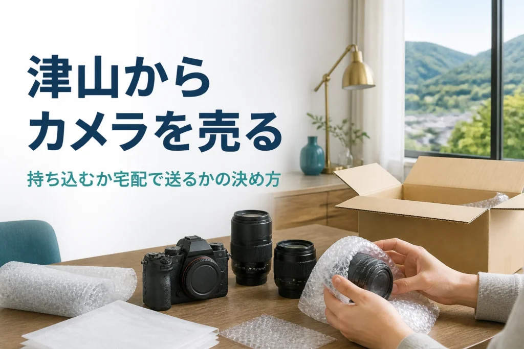 ミラーレスと交換レンズを緩衝材で包み、段ボール箱に詰めて宅配買取の準備をしている様子