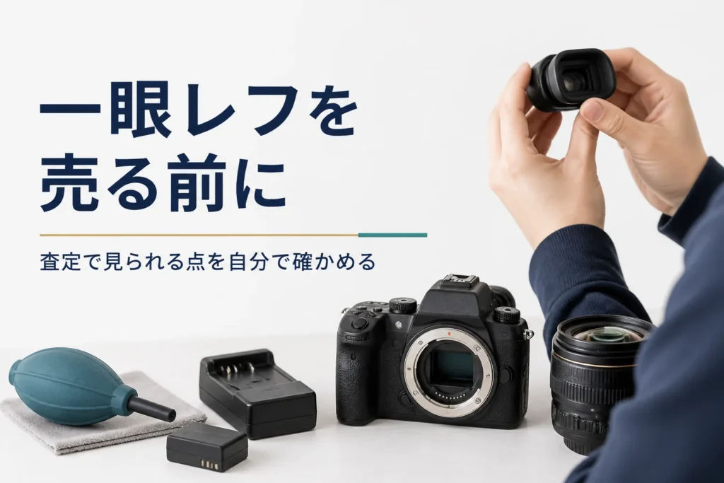 一眼レフのボディとブロアー、バッテリーを並べ、売る前に状態を確かめている様子