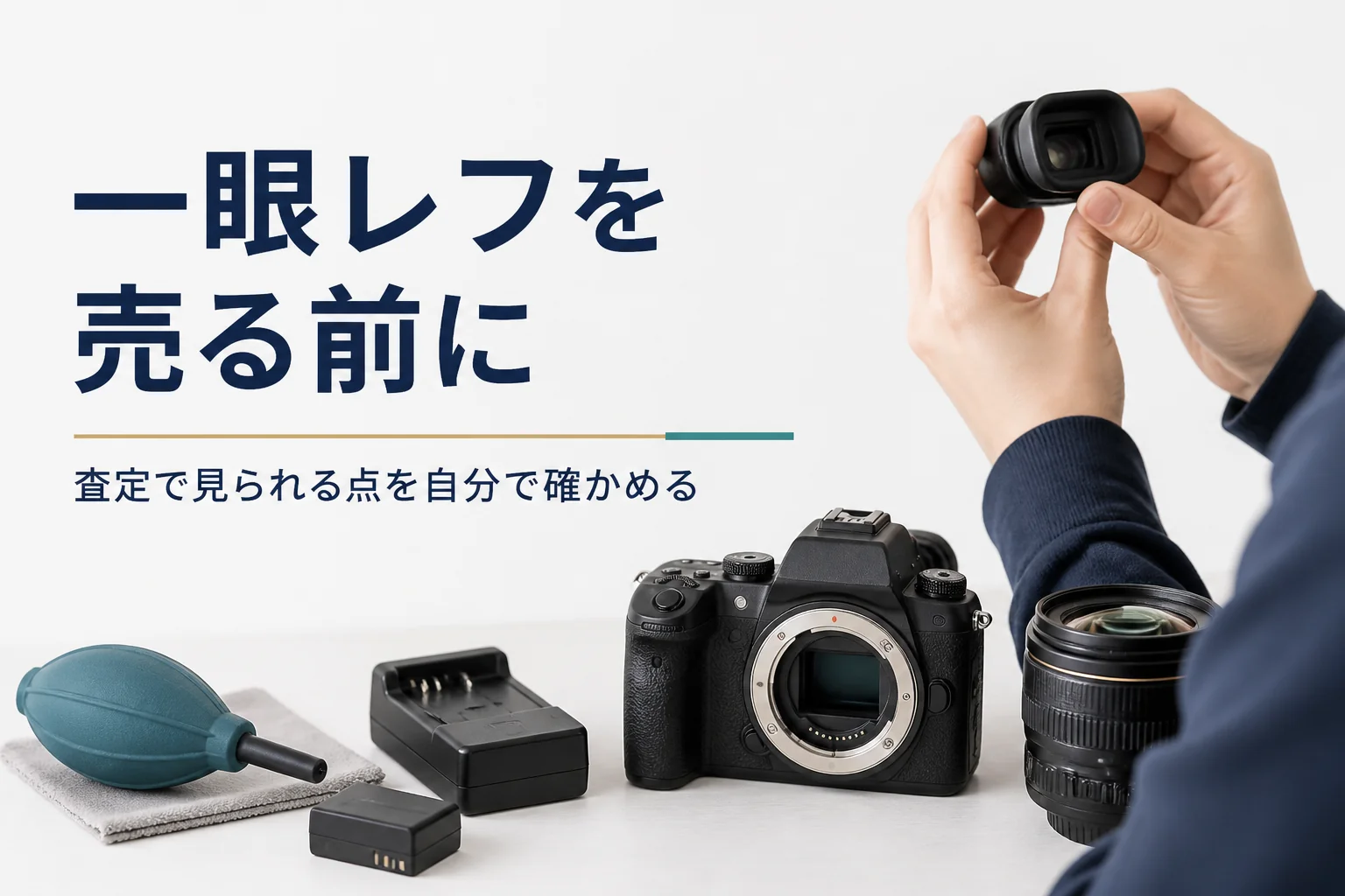 一眼レフのボディとブロアー、バッテリーを並べ、売る前に状態を確かめている様子