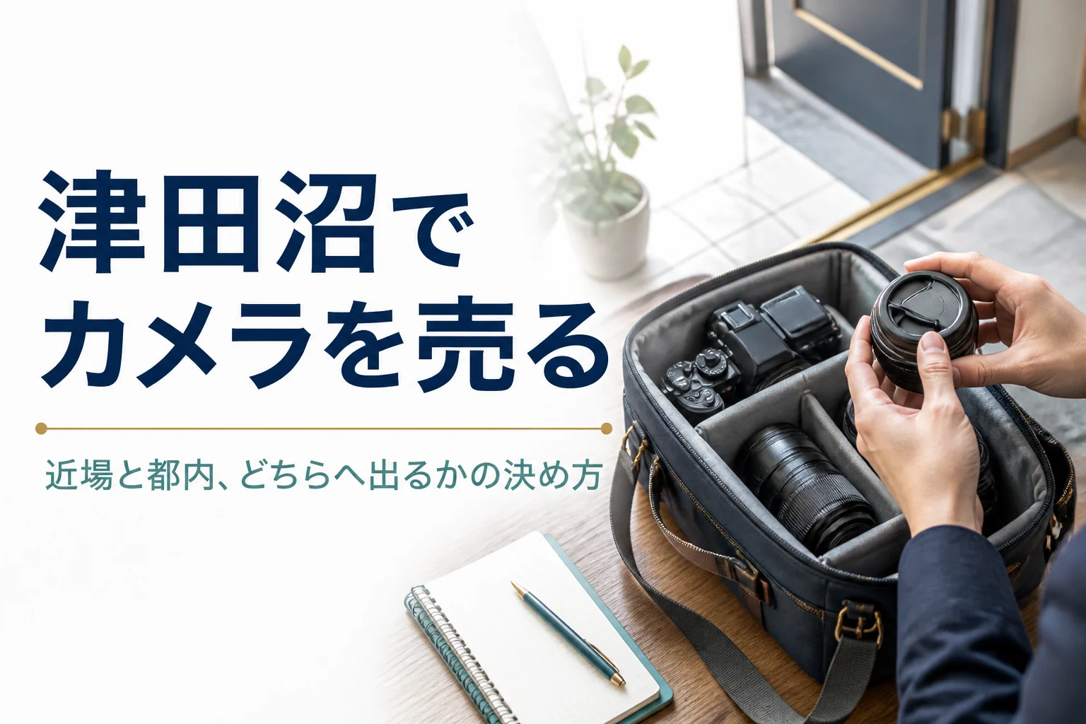 ミラーレスと交換レンズをカメラバッグに詰め、売りに出かける準備をしている様子