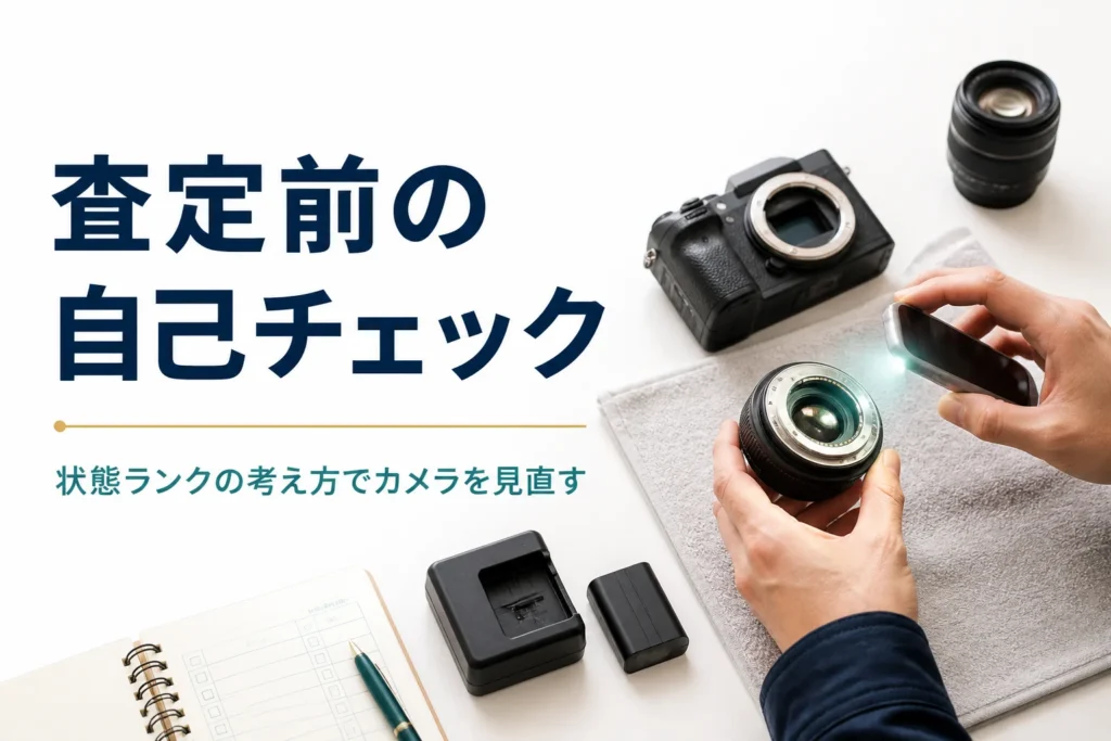 交換レンズをライトで照らしてカビやクモリがないか確かめ、査定前に自己チェックしている様子