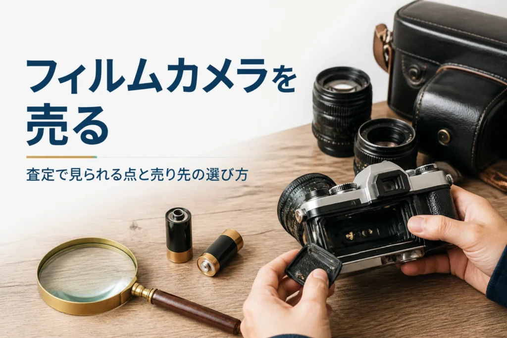 古いフィルムカメラの電池室を開けて状態を確かめ、査定に出す準備をしている様子