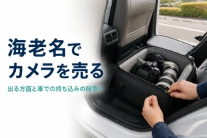 カメラバッグに一眼レフと望遠レンズを入れ、車の座席の足元に置いて持ち込みの準備をしている様子