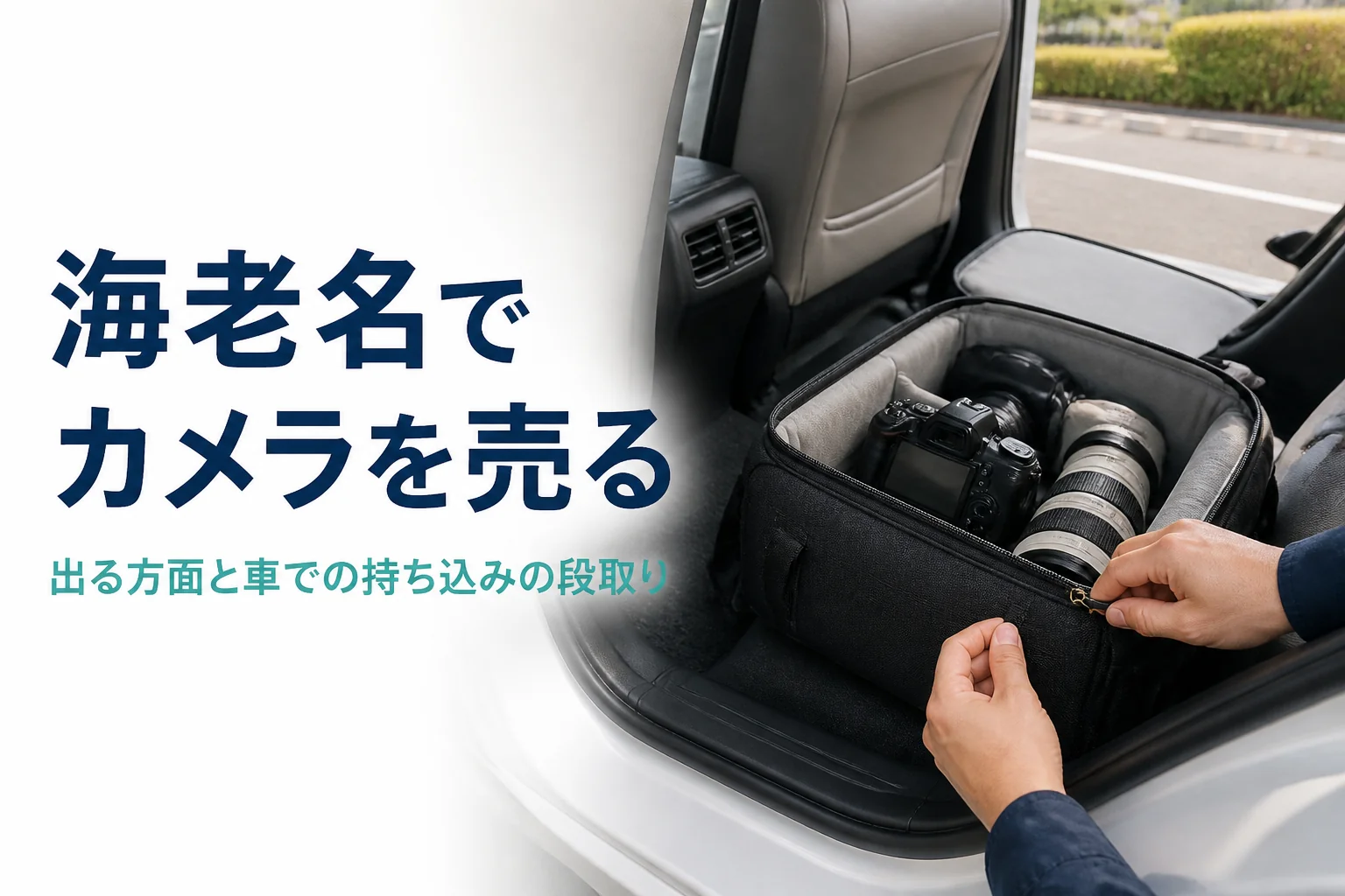 カメラバッグに一眼レフと望遠レンズを入れ、車の座席の足元に置いて持ち込みの準備をしている様子