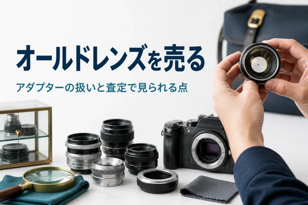 オールドレンズとマウントアダプターを並べ、レンズの中をライトで確かめている様子