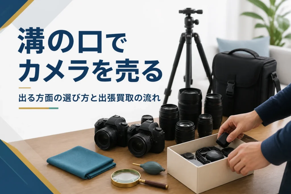 一眼レフや交換レンズ、三脚をリビングにまとめ、出張買取を待つ準備をしている様子