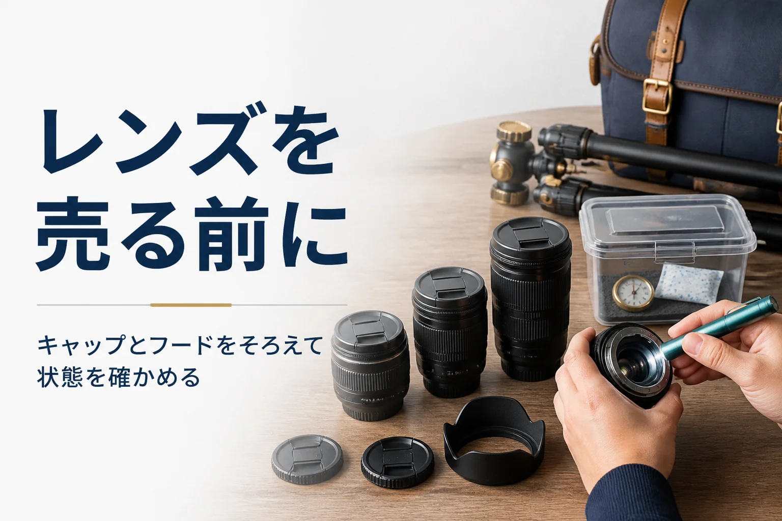 交換レンズの中をライトで透かして状態を確かめる手元