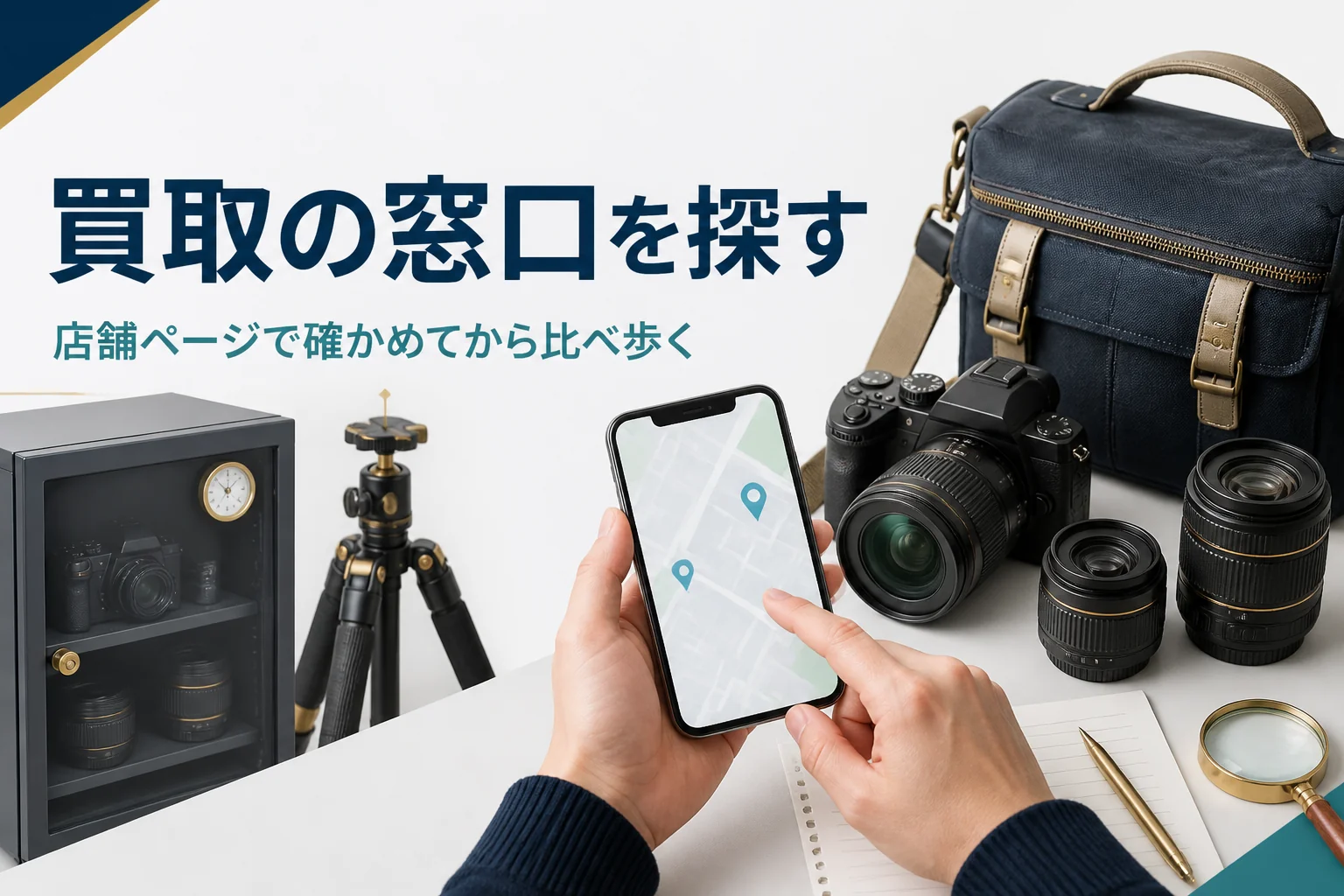 カメラとメモを用意してスマホで買取の窓口を探す手元