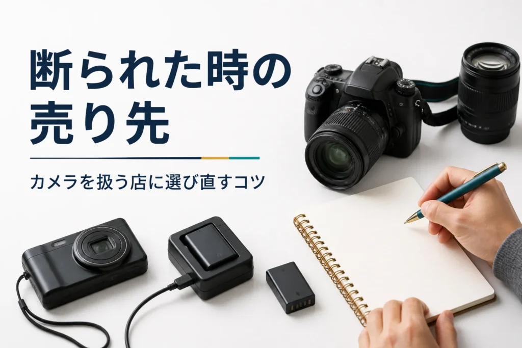 断られたカメラを充電しながら次の売り先を書き出す手元