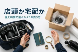 店頭に持ち込むカメラバッグと宅配用の箱を見比べる手元